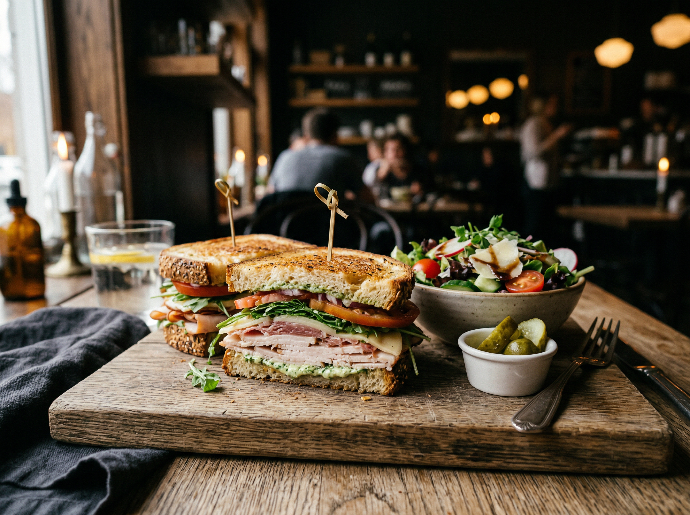 Artisan deli sandwich on a rustic board