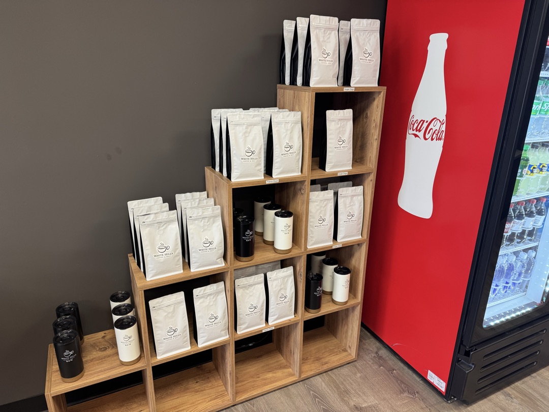 White Hills branded coffee bags and tumblers available for purchase